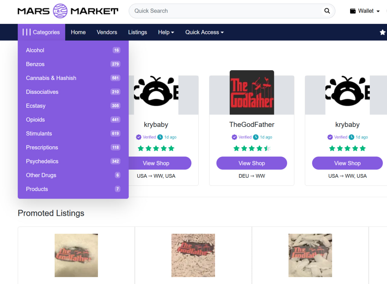 Mars Market darknet platform dashboard with product categories and BTC XMR cryptocurrency payment options